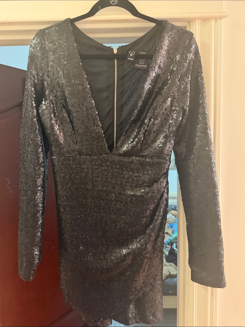 Windsor Black Sequin V-Neck Long Sleeve Mini Dress